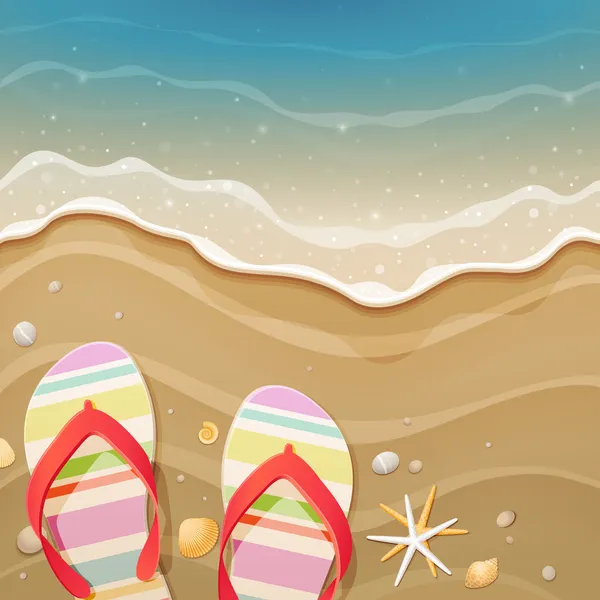 Chanclas y conchas en la playa — Vector de stock