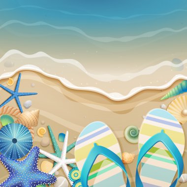 Flip-flops and shells on the beach. clipart
