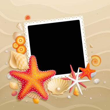 Picture, shells and starfishes on sand background clipart