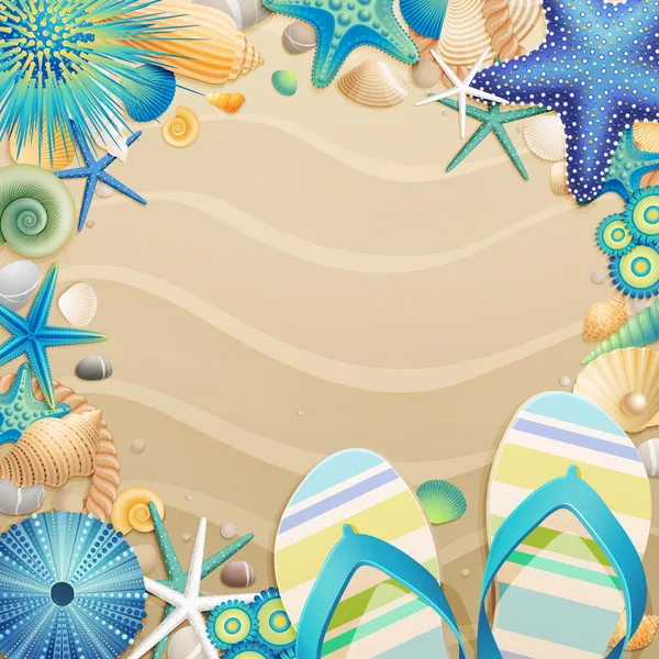 Tongs et coquillages sur la plage — Image vectorielle