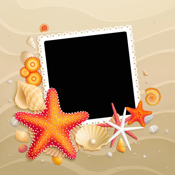画像、貝殻、砂の背景にヒトデ — ストックベクタ