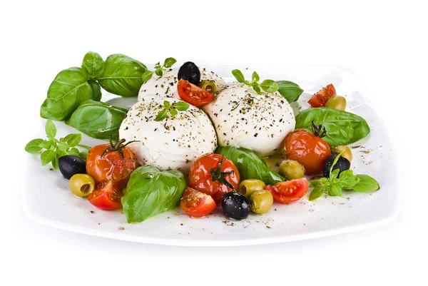 Mozzarella with basil cherry tomatoes and olives — Stock Photo, Image