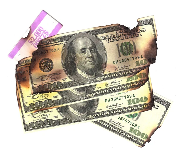 100-Dollar-Scheine verbrannten finanziellen Verlust Rezessionsrisiko Depression — Stockfoto
