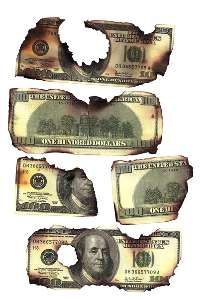 100 dollar bills burned financial loss recession depression risk — Stock Photo, Image