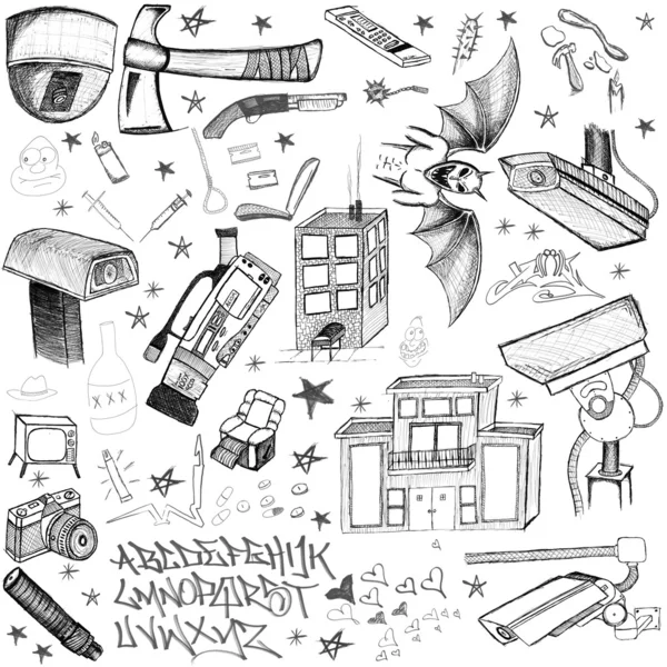 Hand Drawn doodle elements - cameras, drugs, weapons — Stock Photo, Image