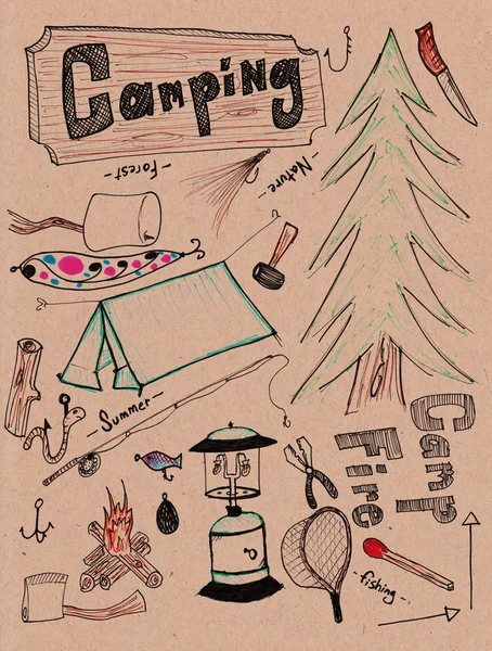 Garabatos dibujados a mano - camping XXXL —  Fotos de Stock
