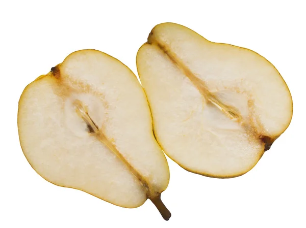 Zwei Birnenhälften auf weißem Hintergrund — Stockfoto