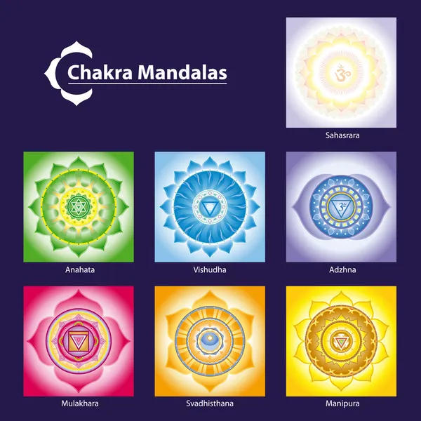 Vector Chakra Symbol Mandalas for Meditation to Facilitate Grow — Stock Vector