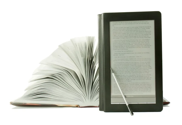 Open book and e-book reader — Stock Photo, Image