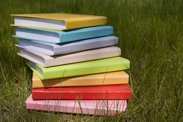 Bücherstapel, der auf dem Gras liegt — Stockfoto