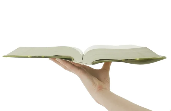 Tenuta a mano libro aperto isolato su bianco — Foto Stock