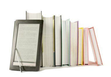 Row of printed books with electronic book reader on white background clipart