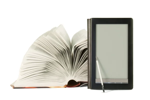 Otevřít knihu a e-book reader — Stock fotografie