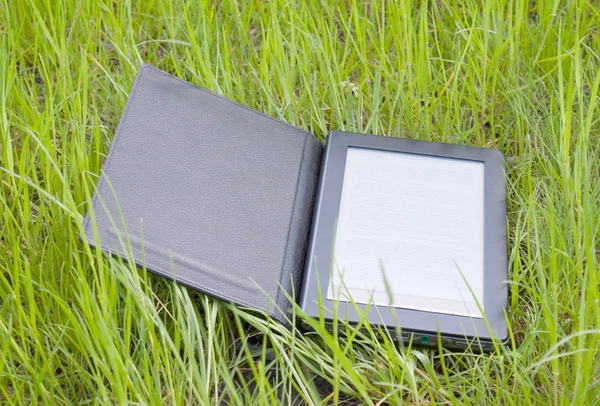 Elektronische boek lezer opleggen van gras — Stockfoto
