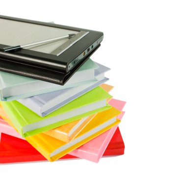 Stack of colorful books and electronic book reader on the white background clipart