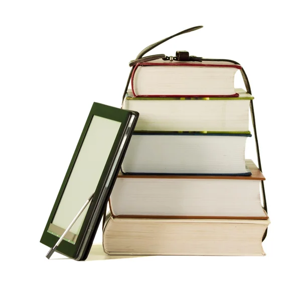 Stack of books and electronic book reader on the white background — Stock Photo, Image