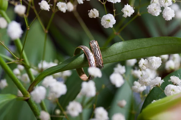 Par de anillos de boda en una hoja del ramo . —  Fotos de Stock