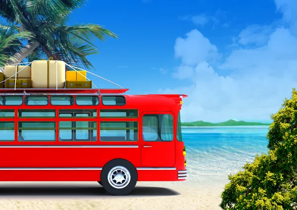 Aventure en bus rouge sur la plage — Photo