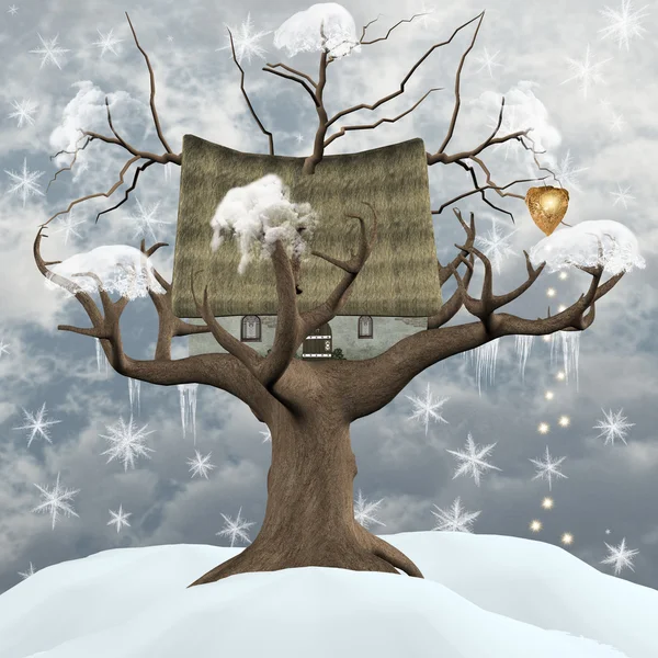 Зимняя иллюстрация домика на дереве — стоковое фото