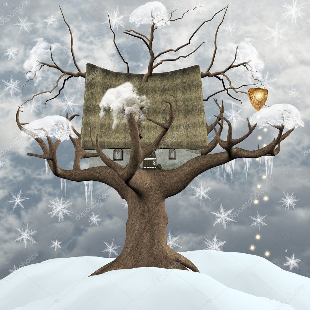 Winter treehouse illustration