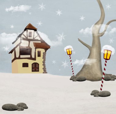 serie de invierno - ilustración de Navidad con santa claus casa