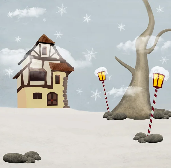 Serie de invierno - ilustración de Navidad con santa claus casa — Stok fotoğraf