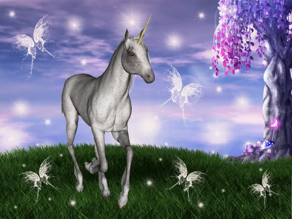 Unicorn in an enchanted meadow — Stok fotoğraf