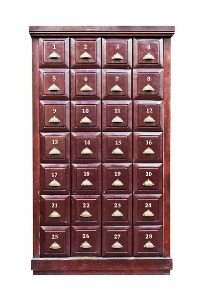 Row of twenty eight brown wood drawer isolated — Stock Photo, Image