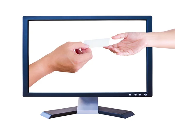 Hand inside monitor give name card to hand outside monitor — Stock Photo, Image