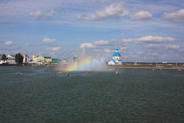 Cheboksary. Fountain in the Bay and the Church of the Archangel Michael. clipart