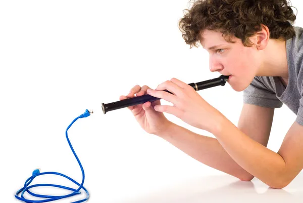 Boy with fife and network cable Royalty Free Stock Photos