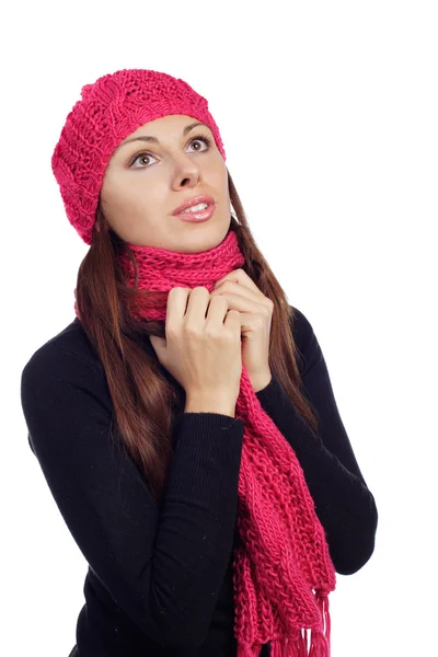 Bella giovane donna in sciarpa e cappello — Foto Stock