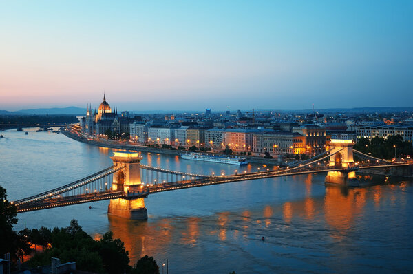 View of Chain Bridge, Hungarian Parliament and River Danube form Buda Castle.