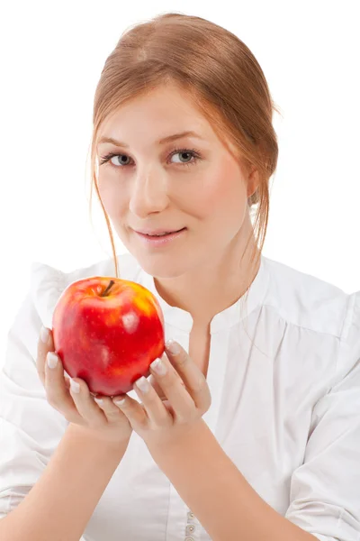 Όμορφη γυναίκα εκμετάλλευση μήλο — Φωτογραφία Αρχείου
