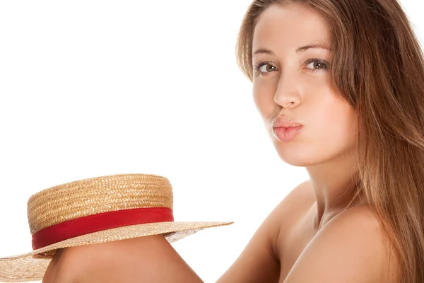 금발 여자와 밀 짚 모자 — 스톡 사진