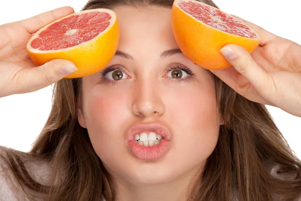 Menina loira e bonito com laranja — Fotografia de Stock