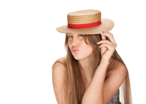 Blonde vrouw en stro bonnet — Stockfoto