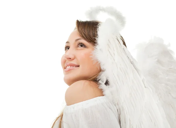 Gyönyörű szőke angyal fehér háttér — Stock Fotó
