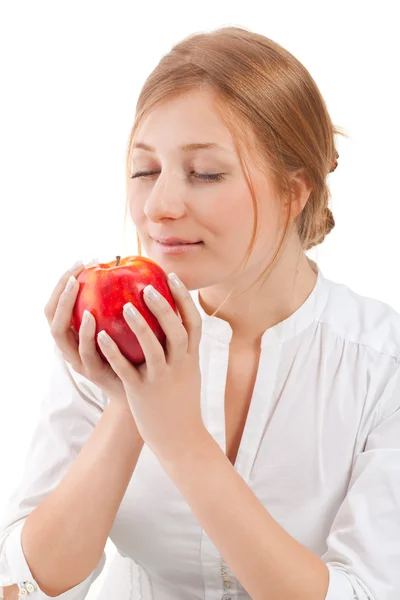 Bella donna con mela in mano — Foto Stock