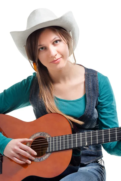 stock image Cowgirl in ahat with acoustic guitar