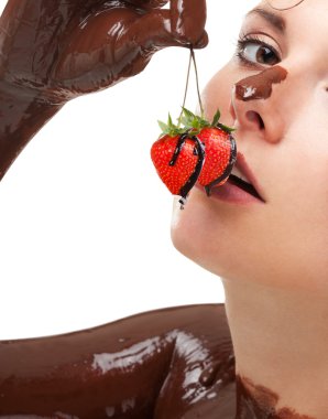 Woman covered sweet chocolate with strawberry clipart