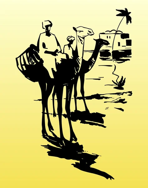 Camellos y beduinos en el desierto — Vector de stock
