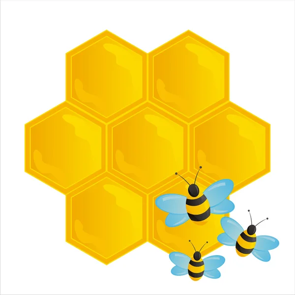 Honingraten met bijen geïsoleerd op wit — Stockvector