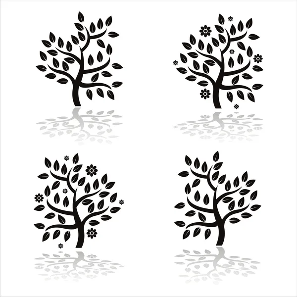 花と黒の木のシルエット — ストックベクタ