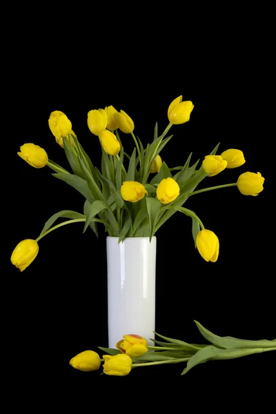 A fehér váza, 3 külön sárga tulipánok Stock Kép