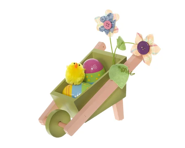 Carrinho de roda de decoração de Páscoa com ovos e pinto — Fotografia de Stock