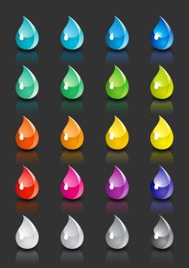 A set of colored drops with reflection on black background clipart