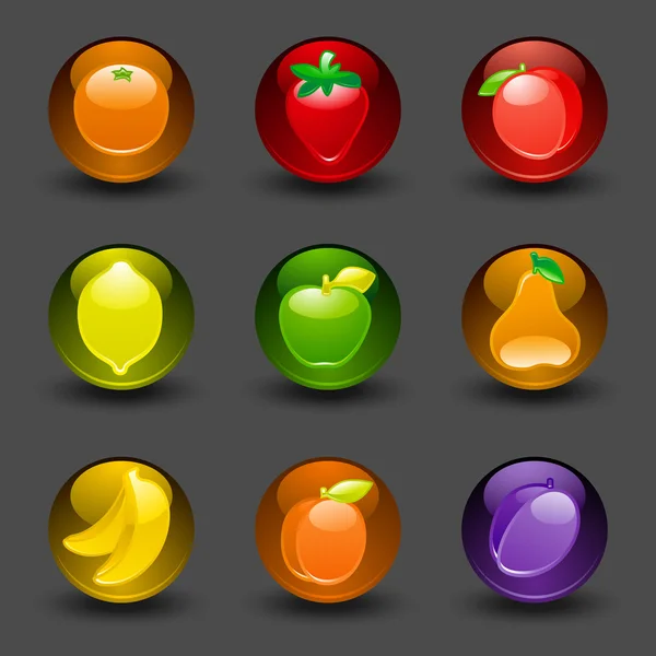 Buttons with fruit on a dark background with shadow — Stock Vector