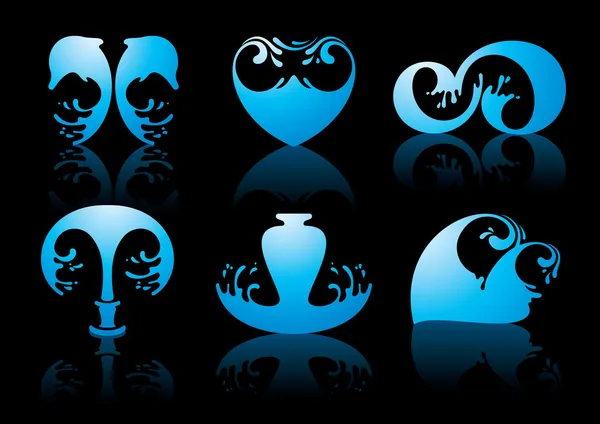Symboles de réflexion de l'eau sur fond noir — Image vectorielle
