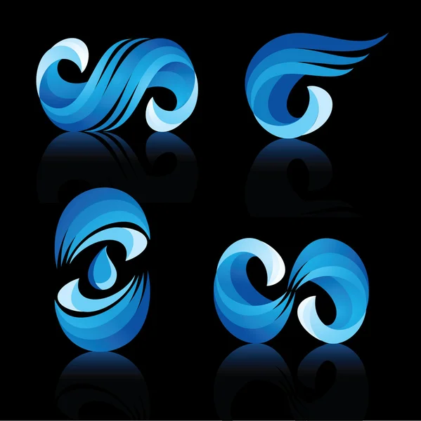 Iconos de olas y agua con reflexión sobre el vector de fondo negro — Vector de stock